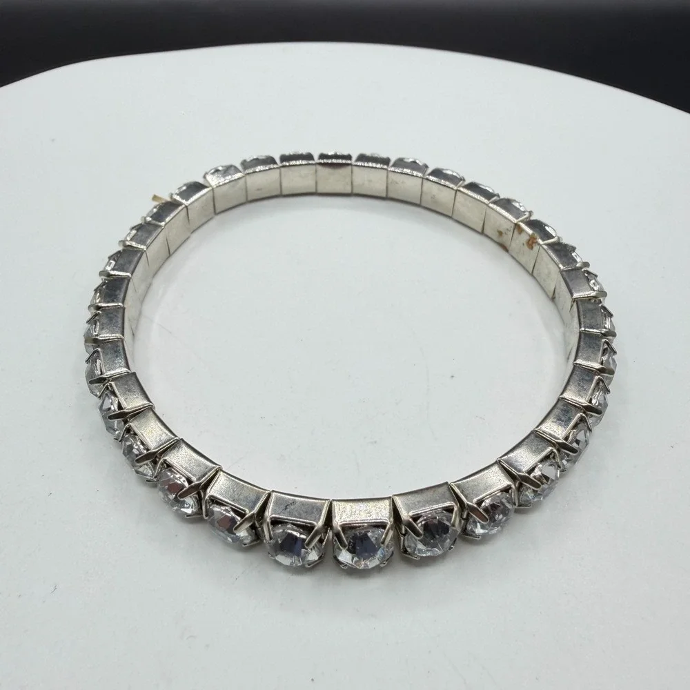 Clear Crystal Rhinestone Silver Tone Stretch Tennis Bracelet Statement Gift